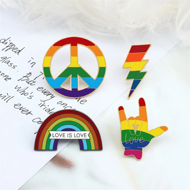 Love is Love Rainbow Enamel Pins - LGBT Pride Hand Peace Lightning Brooches