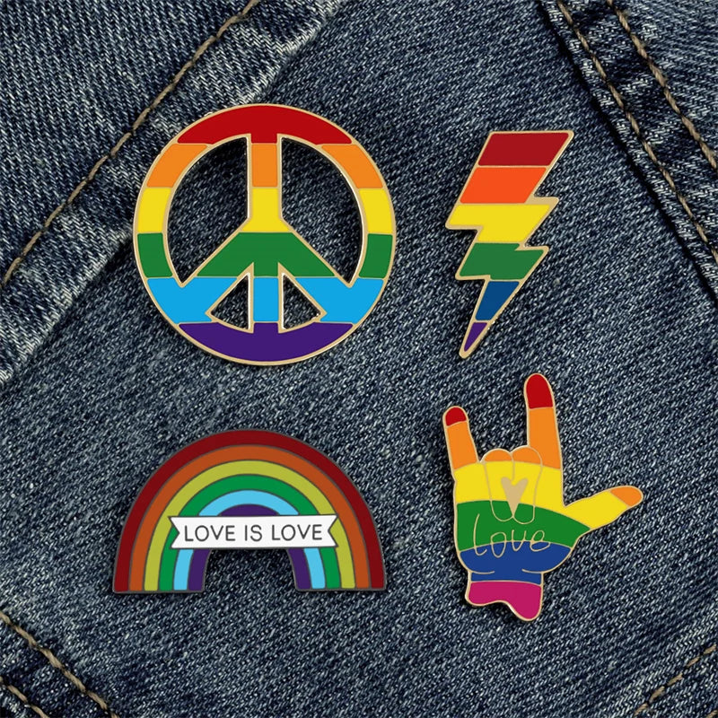 Love is Love Rainbow Enamel Pins - LGBT Pride Hand Peace Lightning Brooches