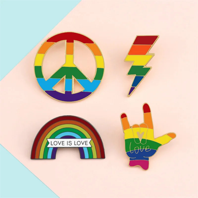 Love is Love Rainbow Enamel Pins - LGBT Pride Hand Peace Lightning Brooches